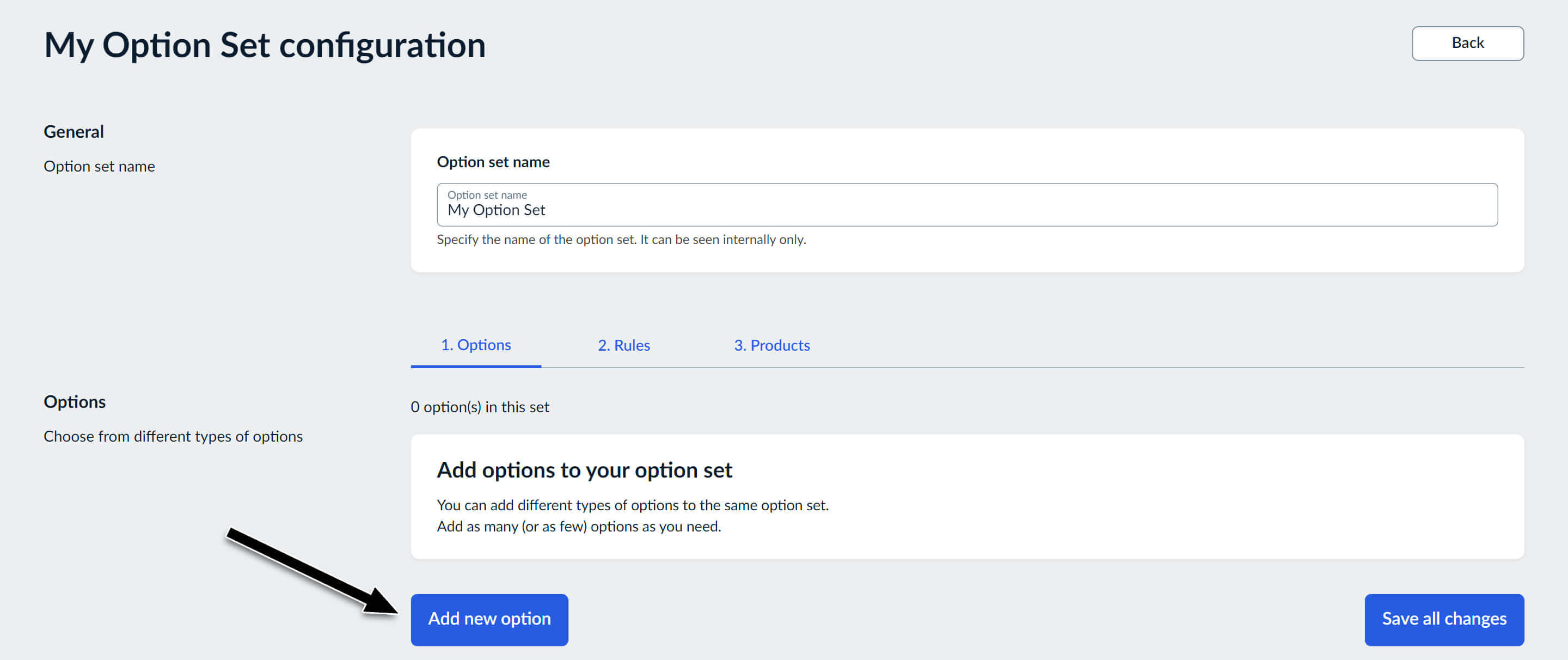 Now let's create options and values for the newly created option set