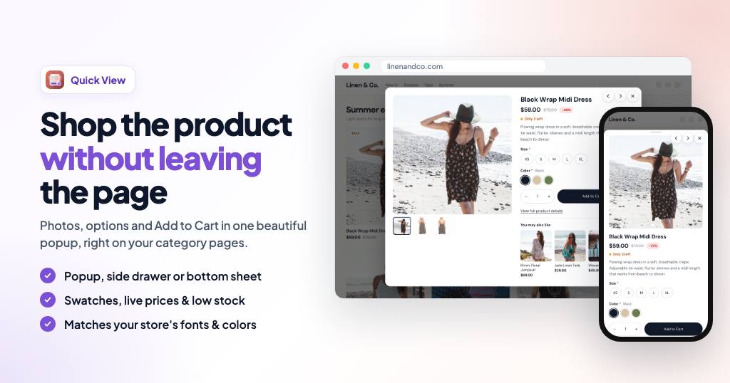 Quick View – Product Popup with Swatches & Add to Cart