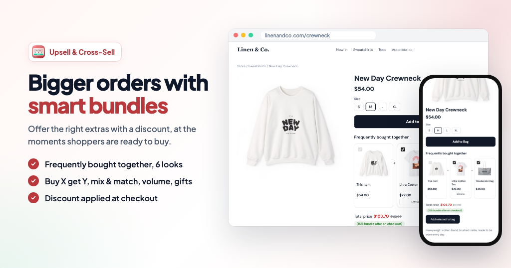 Upsell & Cross Sell Product Kit: Frequently bought together bundle with a discount on the product page, desktop and phone