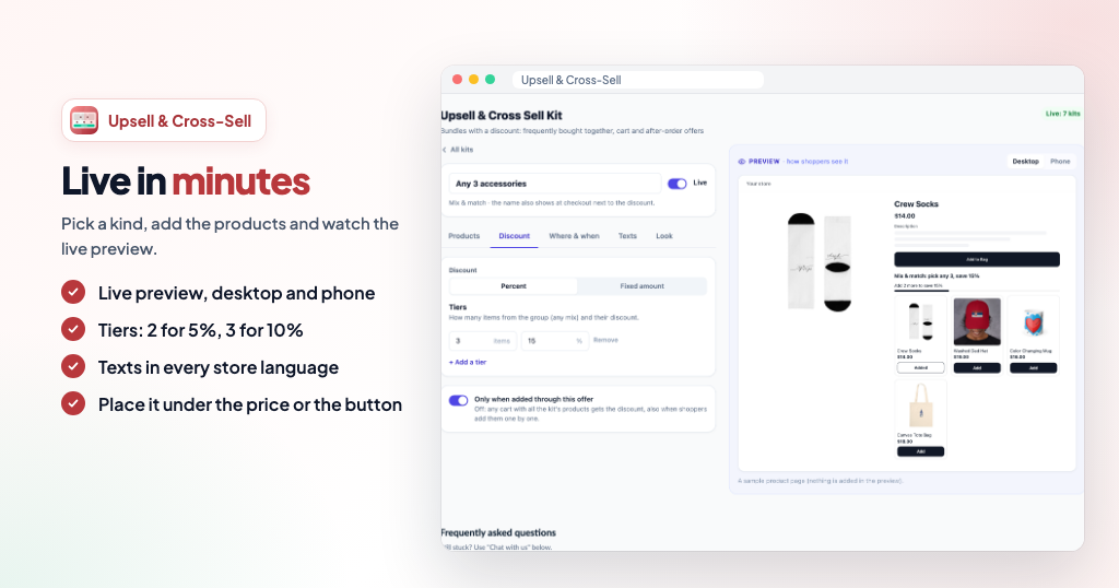 Upsell & Cross Sell Product Kit: Kit editor with discount tiers and a live preview